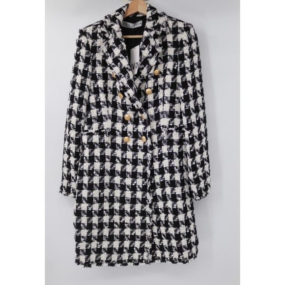 NWT Zara coat Womens Small tweed double breasted houndstooth gold buttons frayed - Picture 2 of 13